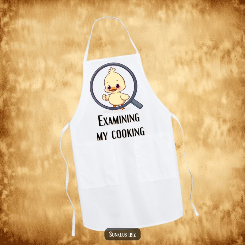 Funny duck character comically fleeing from a large magnifying glass, printed on a cute kitchen apron.