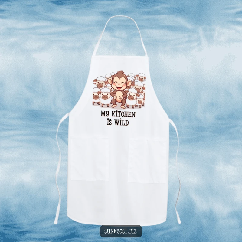 Funny chef apron with a giggling monkey comically herding confused sheep, making cooking a delightful and humorous experience.