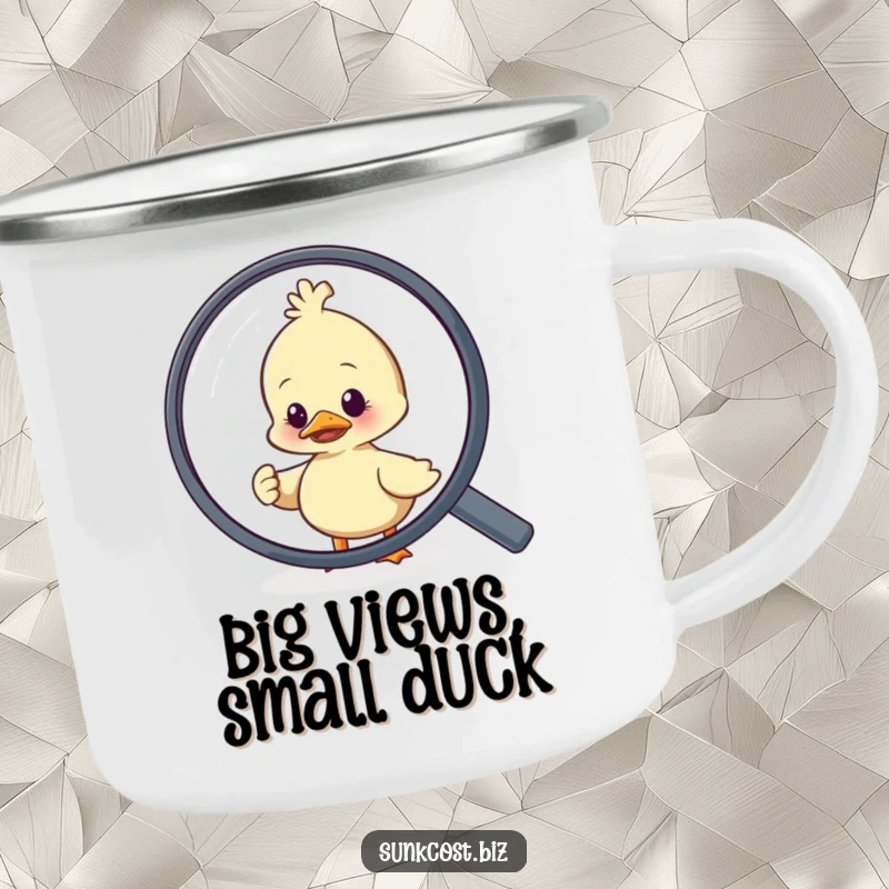 Funny duck character depicted trying to escape a large magnifying glass, designed for a humorous camping mug.
