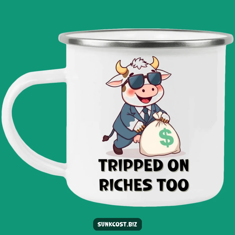 Funny Cow Tripping Camping Mug: Happy Suit Sip, Money Bag Outdoor Gift