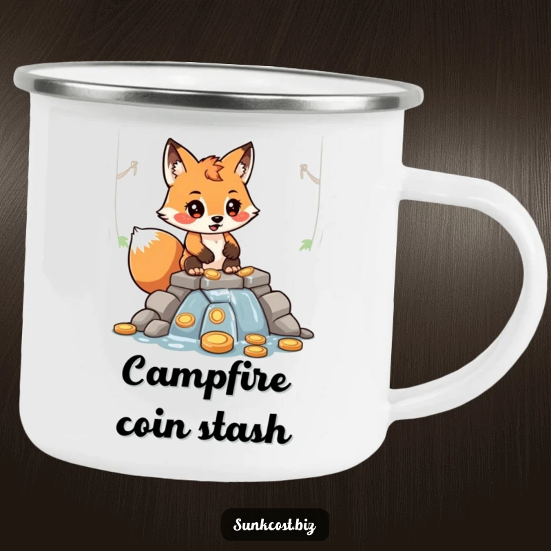 Funny determined fox character building a dam out of coins, with water leaking, on a humorous camping mug.