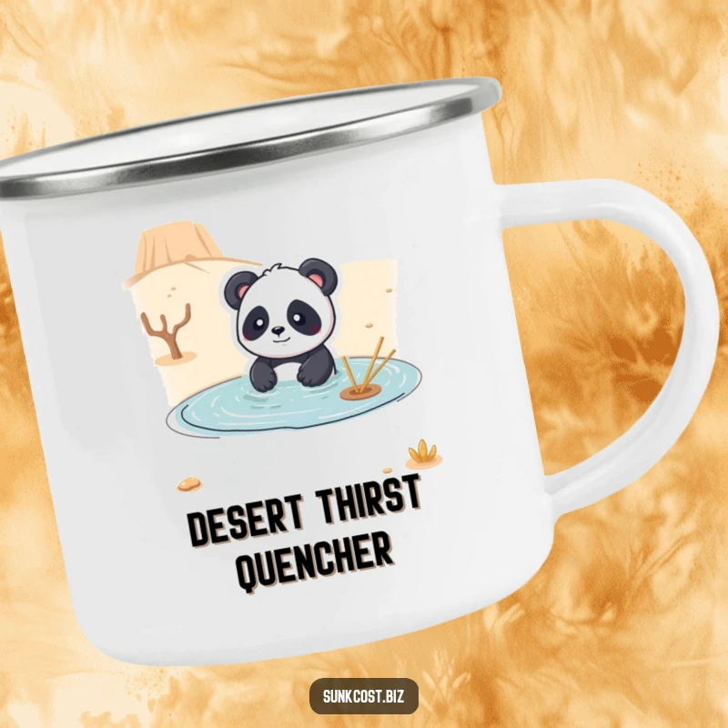 Funny camping mug with a playful panda comically trying to swim in a dry desert, ideal for humorous sips during outdoor excursions.