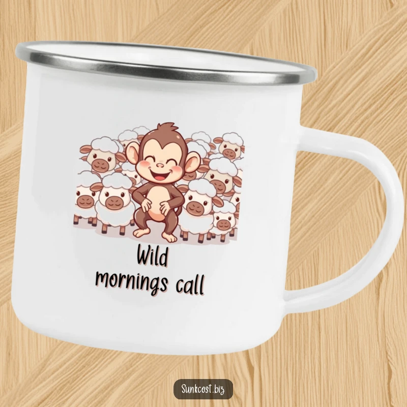 Funny camping mug depicting a giggling monkey comically herding confused sheep, ideal for outdoor adventures and humorous sipping.
