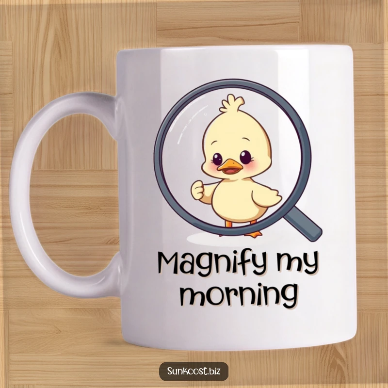 Funny duck character nervously trying to escape a giant magnifying glass, depicted on a humorous coffee mug.