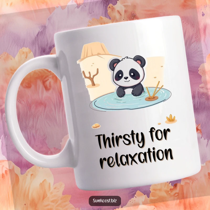 Funny mug showing a playful panda attempting to swim in a completely dry desert, highlighting the humor of an impossible situation.