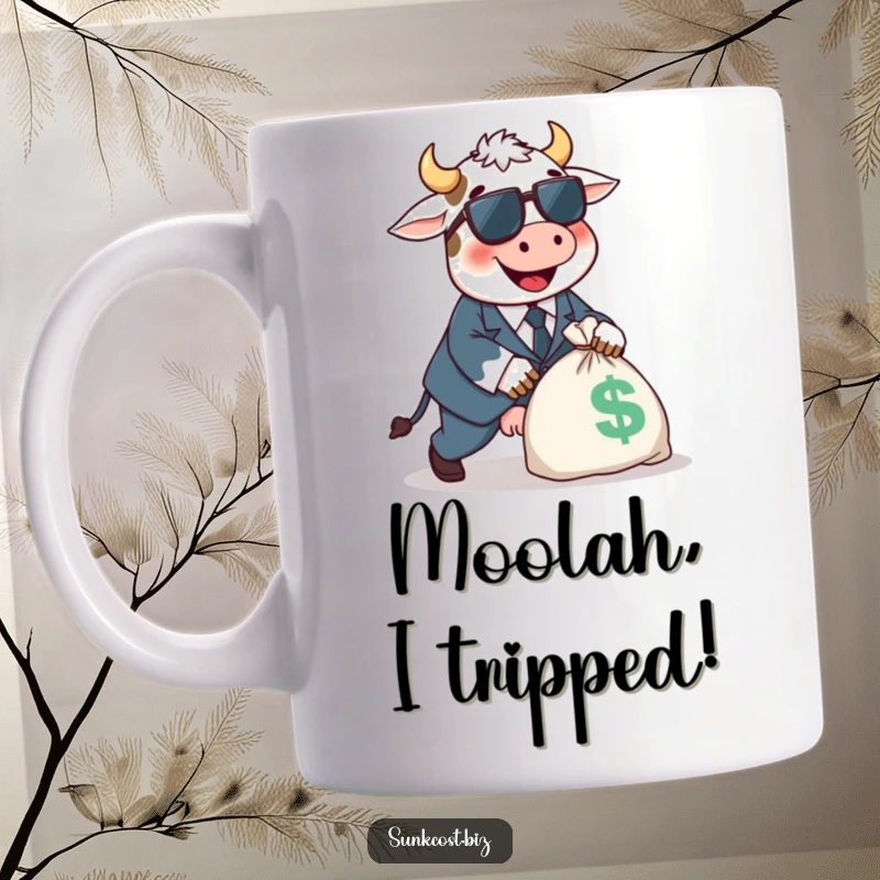 Funny happy cow character in a tiny suit hilariously tripping over a large money bag, great funny gift.