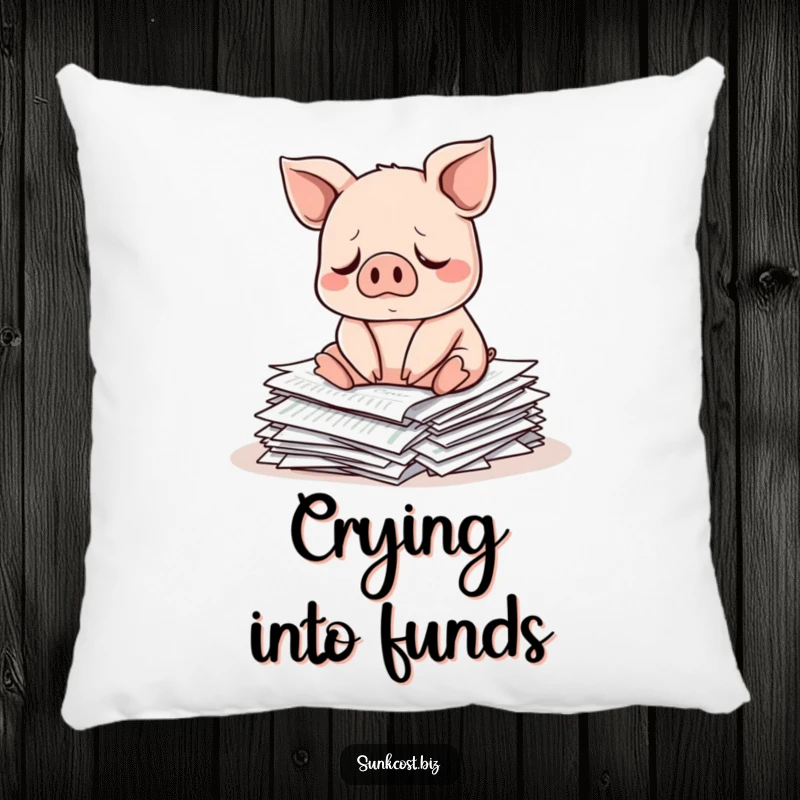 Funny sad pig sitting on investment papers, soft funny market gift.