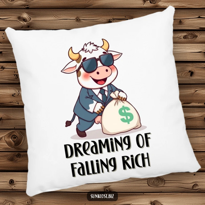 Funny happy cow in a tiny suit tripping over a money bag, soft and funny gift.