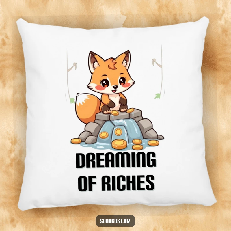 Funny determined fox character building a leaky dam with coins, featured on a soft, humorous throw pillow.