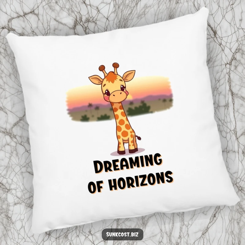 Funny pillow showcasing a happy giraffe wistfully watching a fading sunset, providing comfort and a touch of serene humor.
