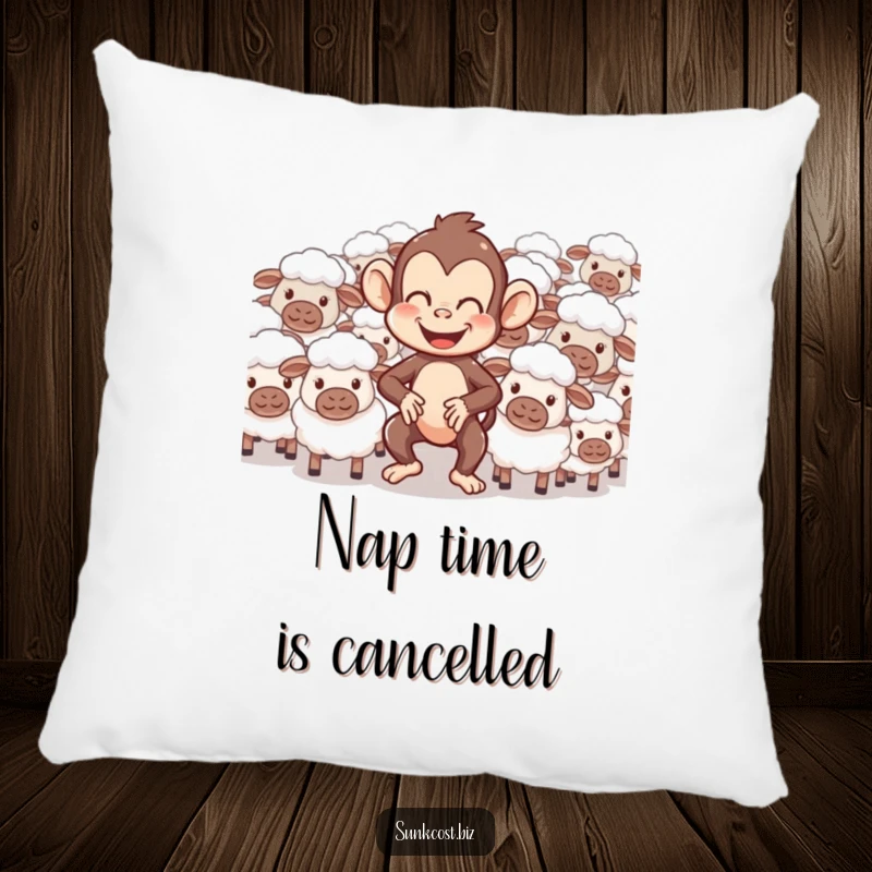 Funny pillow showcasing a giggling monkey comically herding a flock of confused sheep, adding a soft touch of humor to any room.