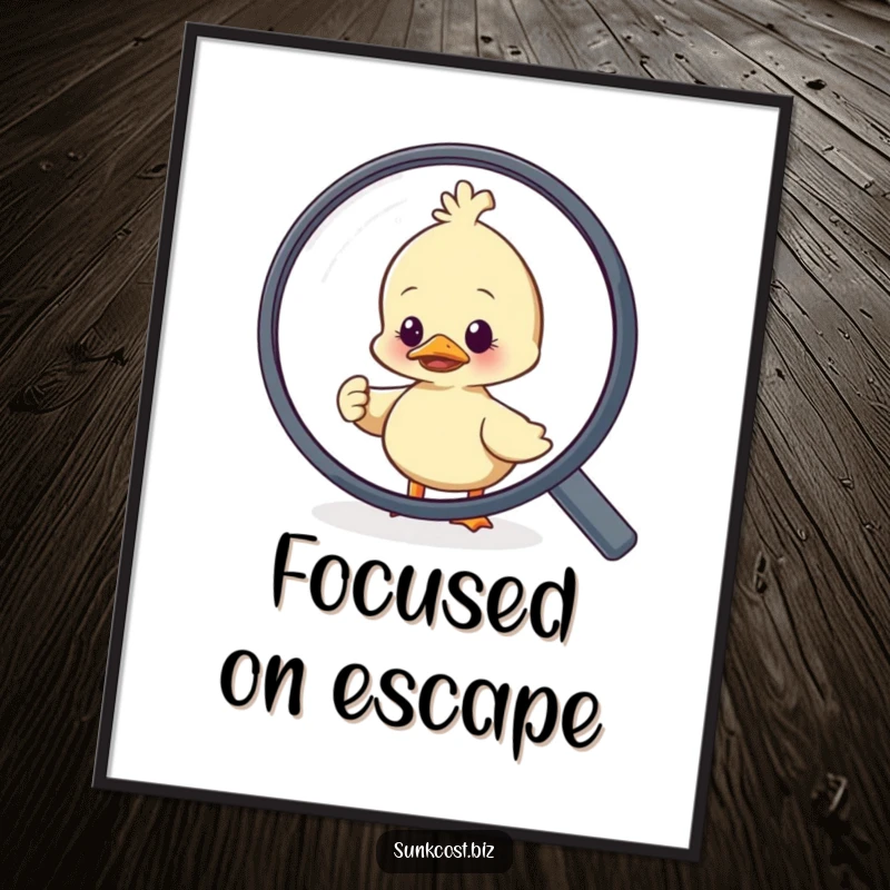 Funny duck character in a panic, attempting to flee from a giant magnifying glass, as humorous digital art.