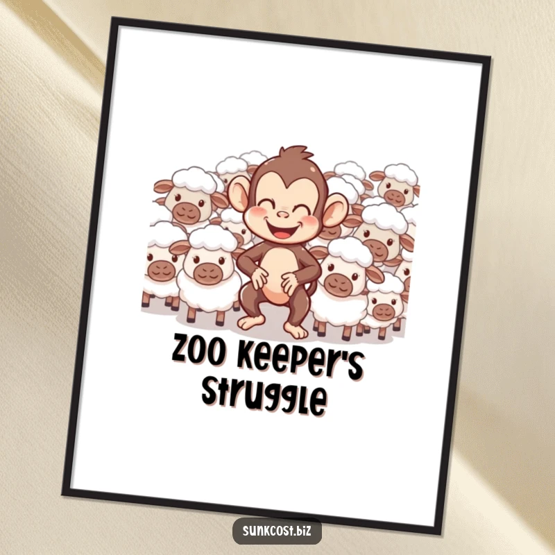 Funny digital art print of a giggling monkey hilariously attempting to herd a flock of confused sheep, ideal for instant humorous decor.