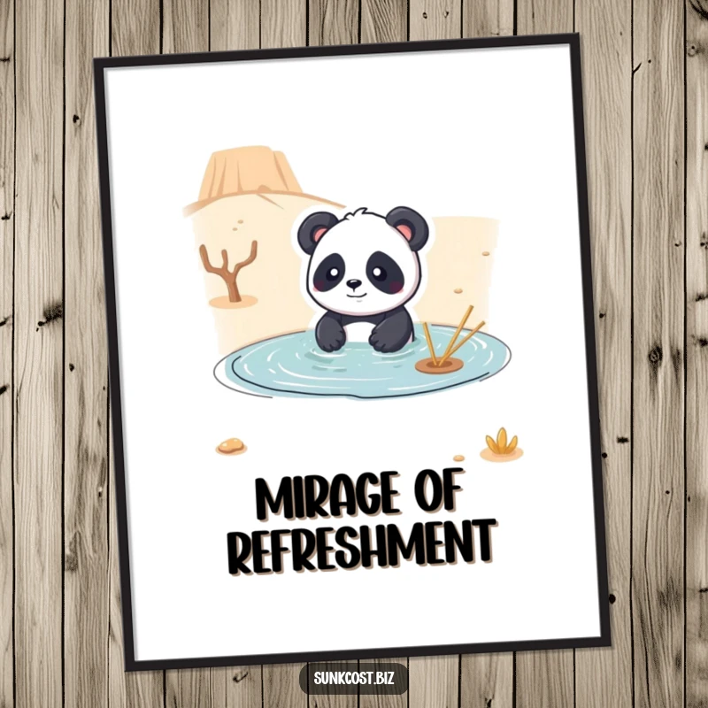 Funny digital art print of a playful panda attempting to swim in a dry desert, perfect for adding surreal and humorous decor.
