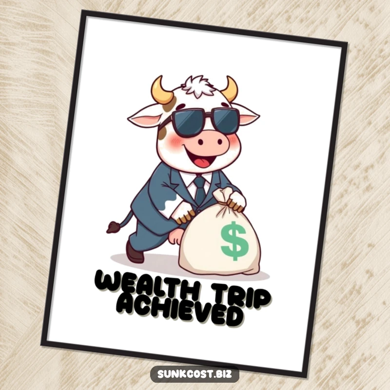 Funny happy cow character in a tiny suit tripping over a large money bag, instant funny art.