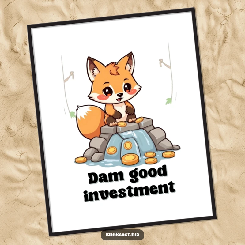 Funny determined fox character constructing a dam from coins, with visible leaks, depicted as humorous wall art.