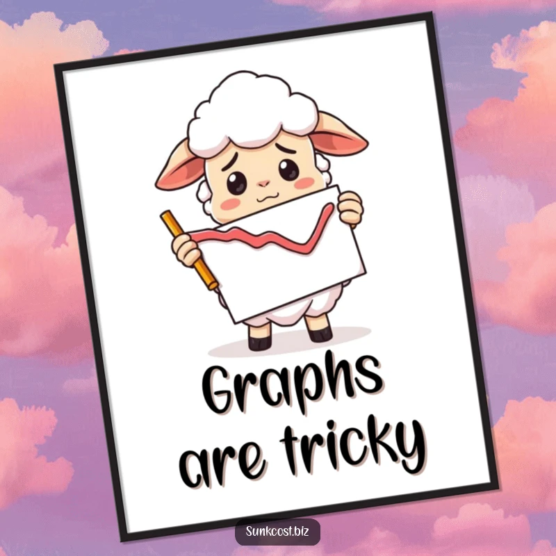 Funny confused sheep character holding a declining graph chart upside down, witty funny wall art.