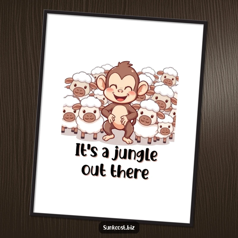 Funny poster artwork of a giggling monkey hilariously attempting to herd a flock of utterly confused sheep, adding humor to any space.