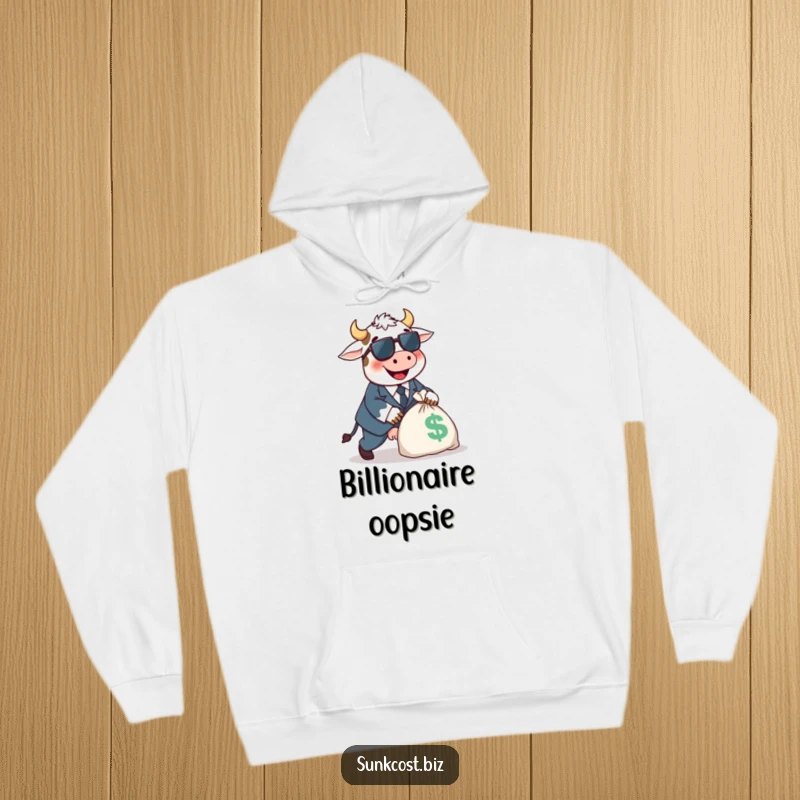 Funny happy cow character in a tiny suit tripping over a money bag, cozy funny gift.