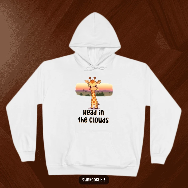 Funny hoodie with a happy giraffe gazing wistfully at a fading sunset, offering warmth and a touch of tranquil humor.