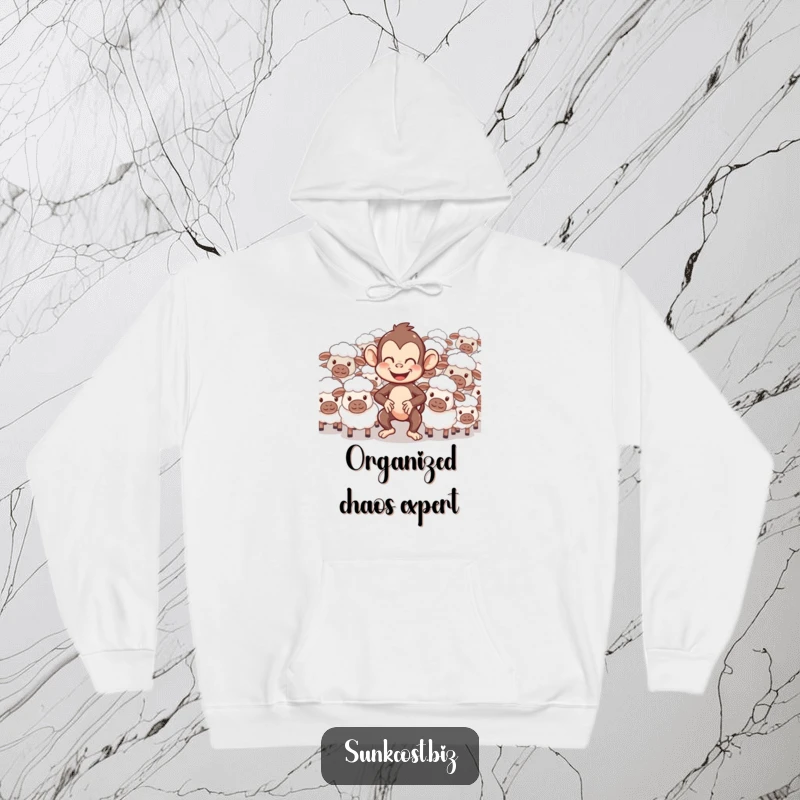 Funny hoodie with a giggling monkey struggling to herd bewildered sheep, offering warmth and a dose of comical animal antics.