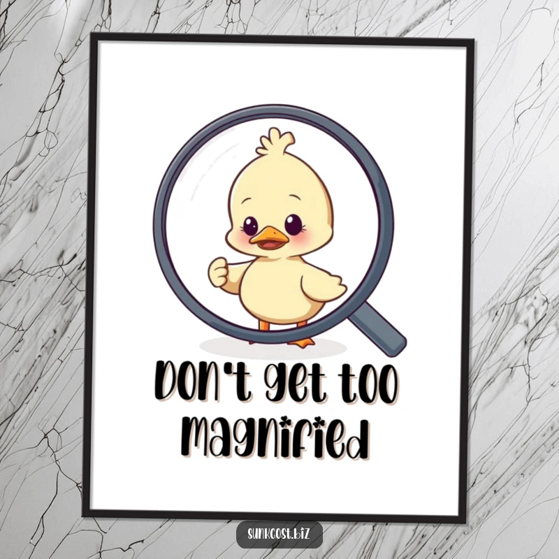 Funny Free Printable Wall Art: A nervous duck character desperately evades a giant magnifying glass, showcasing witty downloadable decor.