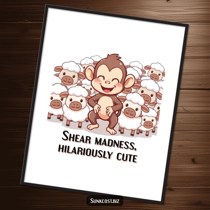 Funny free printable wall art: A giggling monkey hilariously tries to herd a flock of completely confused sheep.