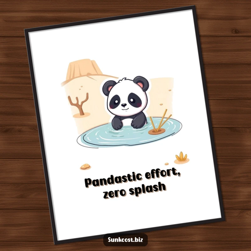 Funny free printable wall art: A playful panda is comically depicted trying to swim in the middle of a dry, arid desert.