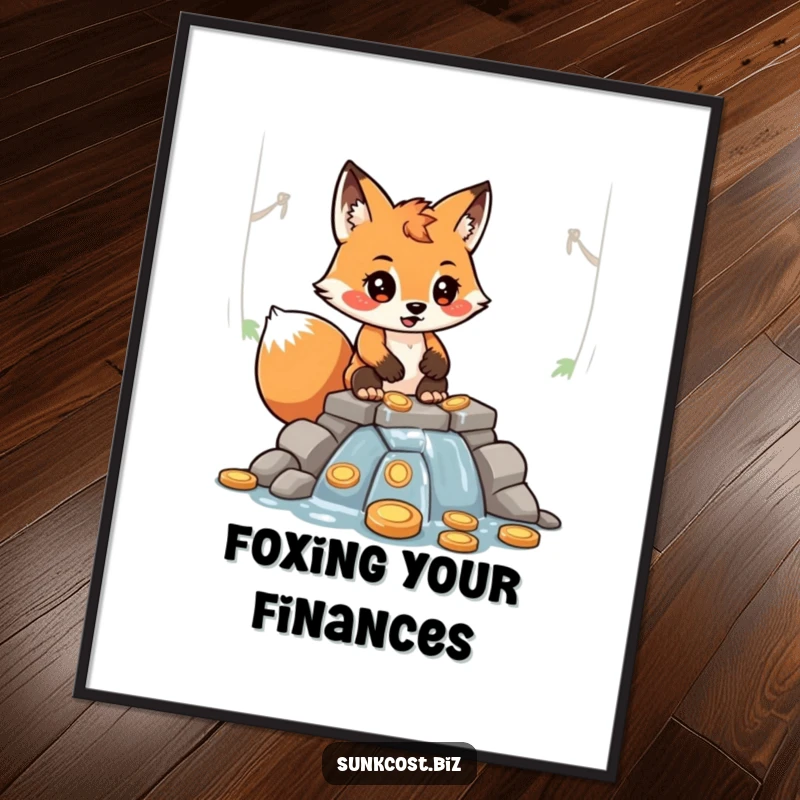 Funny Free Printable Wall Art: A determined fox character builds a leaky dam using a pile of shiny coins, charming downloadable art.