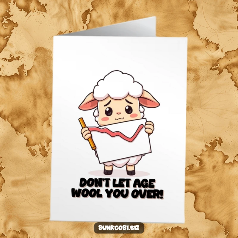 Funny Free Printable Birthday Card: A confused sheep holds a declining graph chart upside down, celebrating despite market woes.