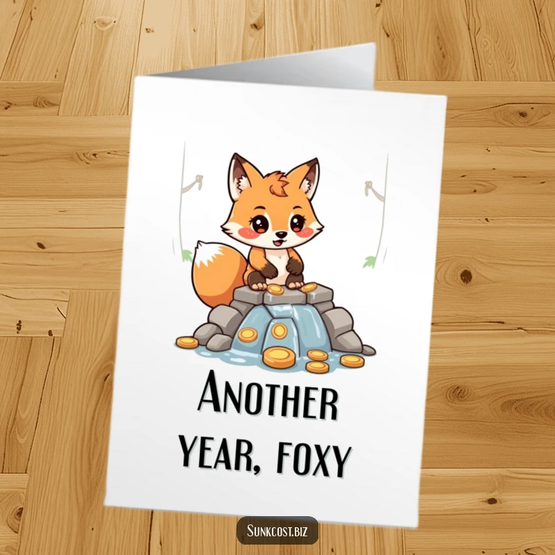 Funny Free Printable Birthday Card: A determined fox builds a leaky dam of coins, a humorous DIY greeting for birthdays.