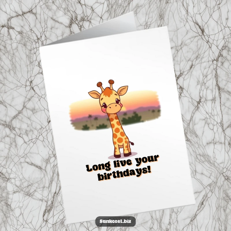 Free printable birthday card: A happy giraffe gazes wistfully at a beautiful, fading sunset, evoking gentle humor.