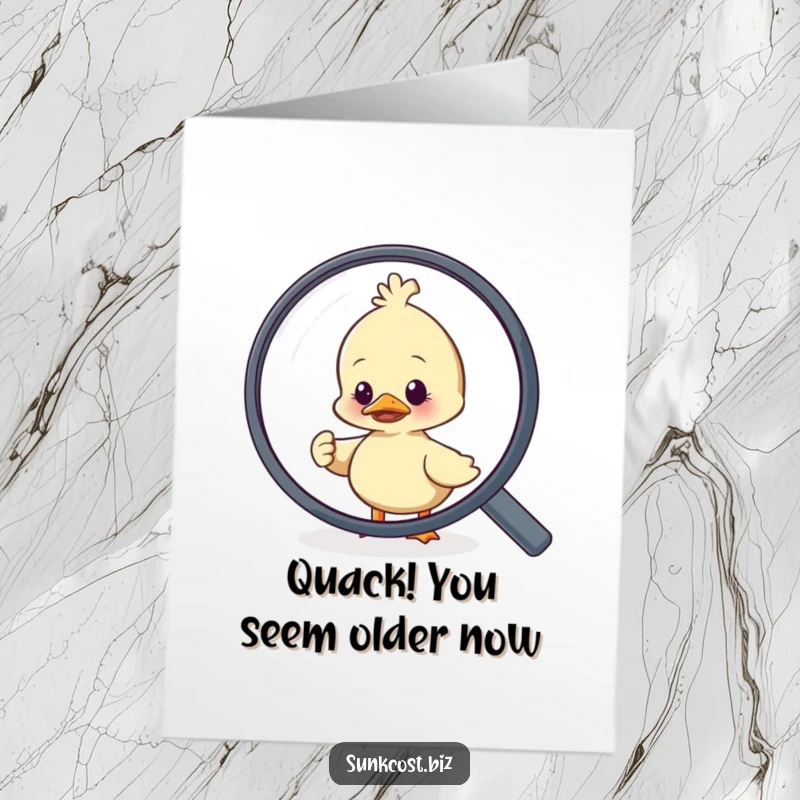 Funny Free Printable Birthday Card: A nervous duck panics as a giant magnifying glass looms, ready for a hilarious DIY greeting.