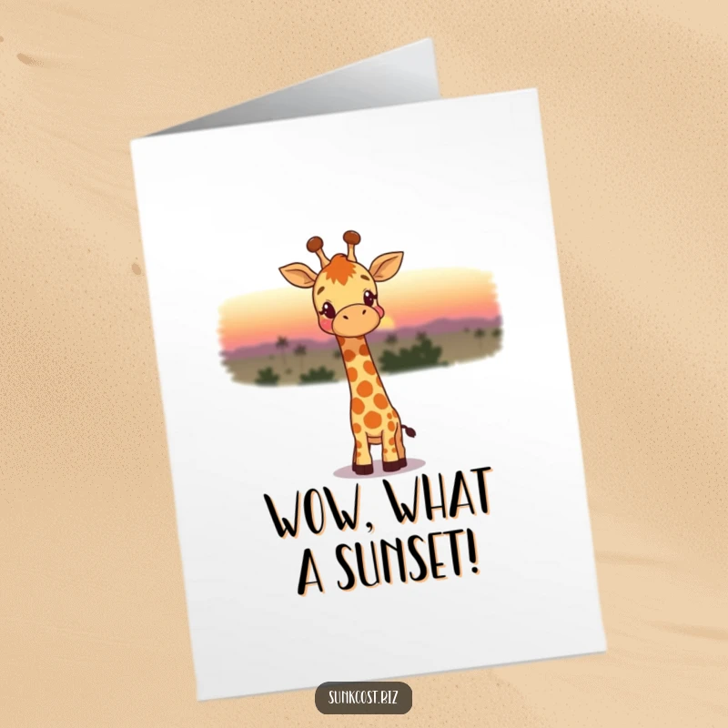 Free printable congratulations card: A happy giraffe looks towards a distant sunset, symbolizing hope and achievement with a touch of humor.