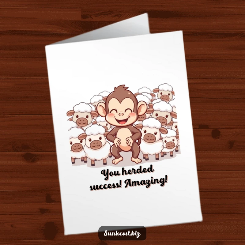 Free printable congratulations card: A giggling monkey comically attempts to herd confused sheep, celebrating success with humor.