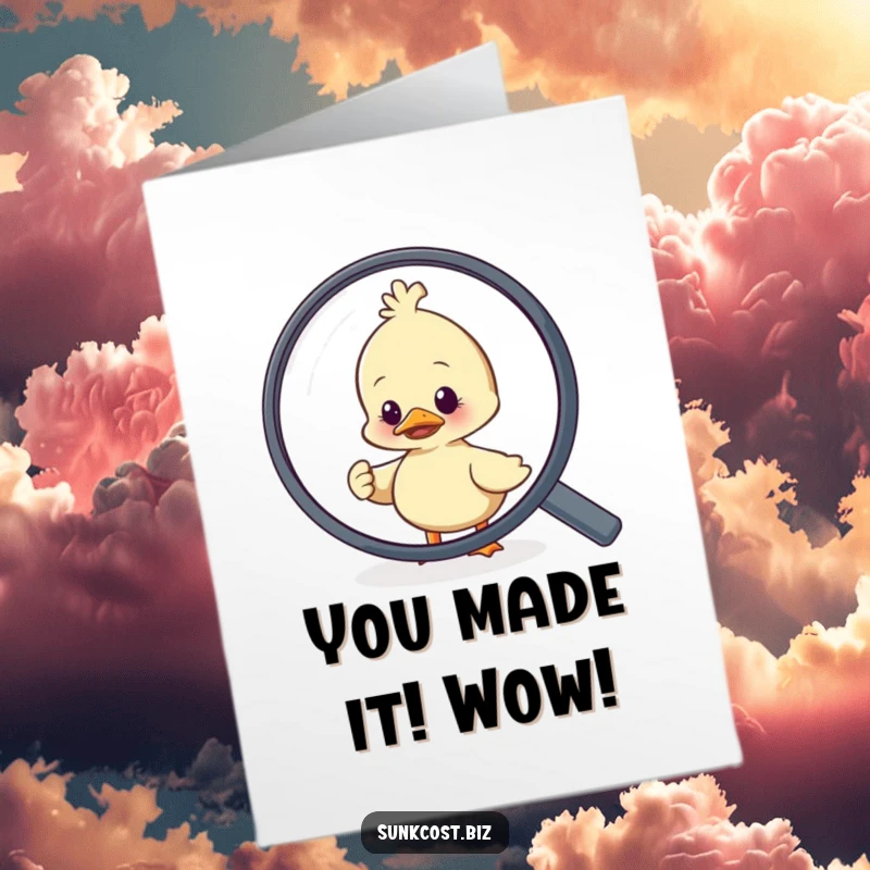 Funny Free Printable Congratulations Card: Relieved nervous duck flees a giant magnifying glass, a perfect DIY celebratory message.