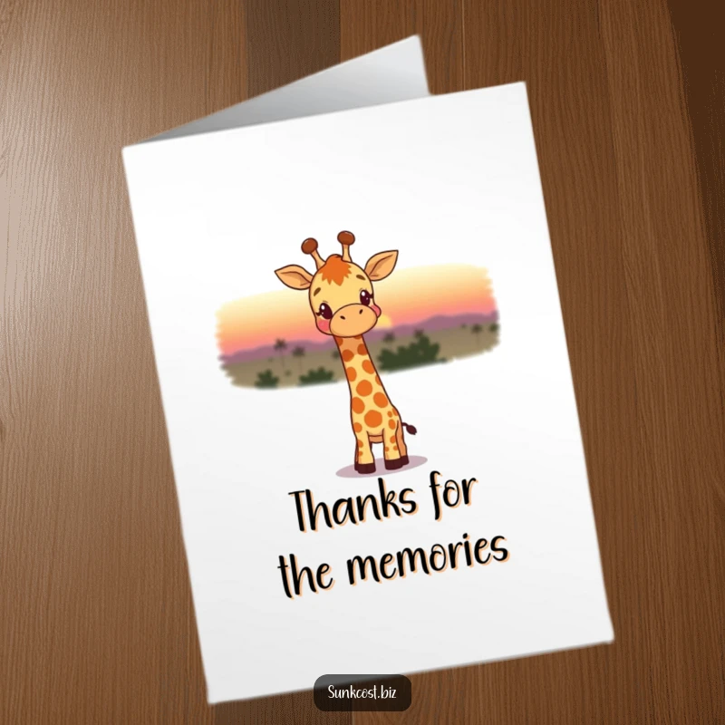 Free printable thank you card: A happy giraffe watches a fading sunset, expressing thanks with quiet contemplation and humor.
