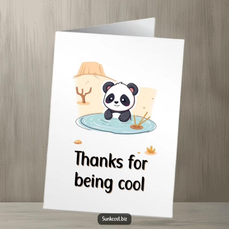 Funny free printable thank you card: A playful panda attempts to swim in a dry desert, offering thanks with bizarre charm.