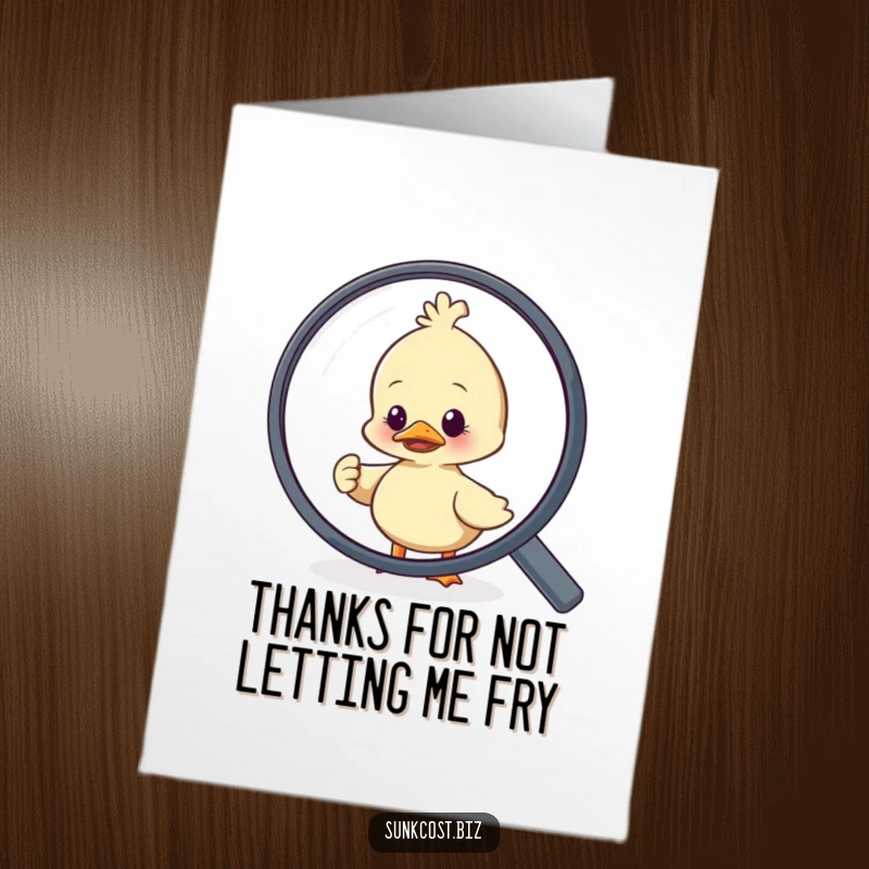 Funny Free Printable Thank You Card: A scared duck darts away from a massive magnifying glass, offering a humorous thank you.