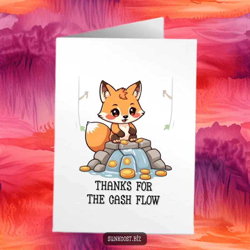Funny Free Printable Thank You Card: A determined fox crafts a leaky dam using coins, offering a unique DIY thank you.