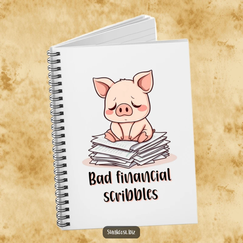 Funny sad pig sitting on investment papers, perfect funny gift for notes.
