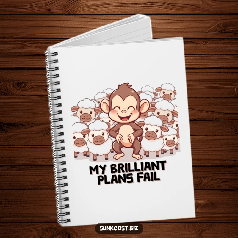 Funny notebook with a giggling monkey comically herding a flock of confused sheep, inspiring creative and humorous note-taking.