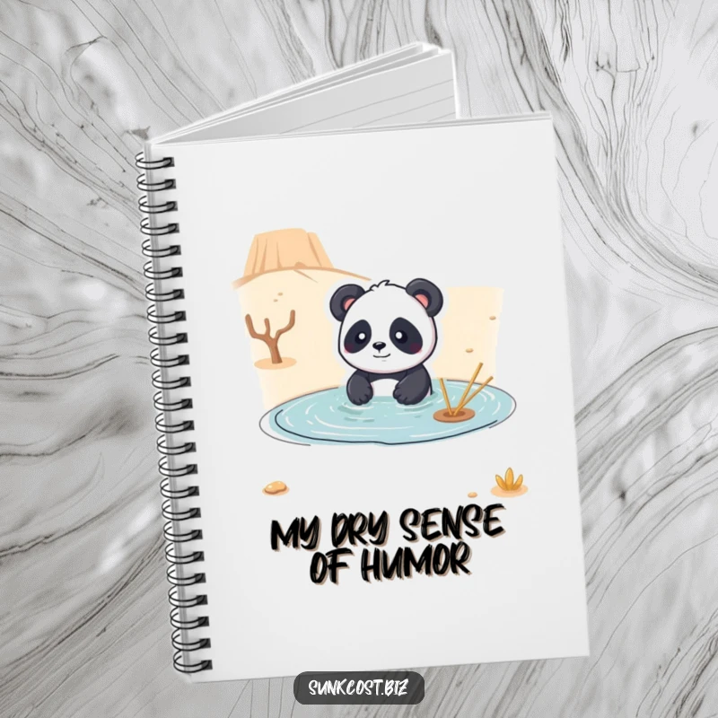 Funny notebook with a playful panda comically attempting to swim in a dry desert, inspiring creative and humorous note-taking.