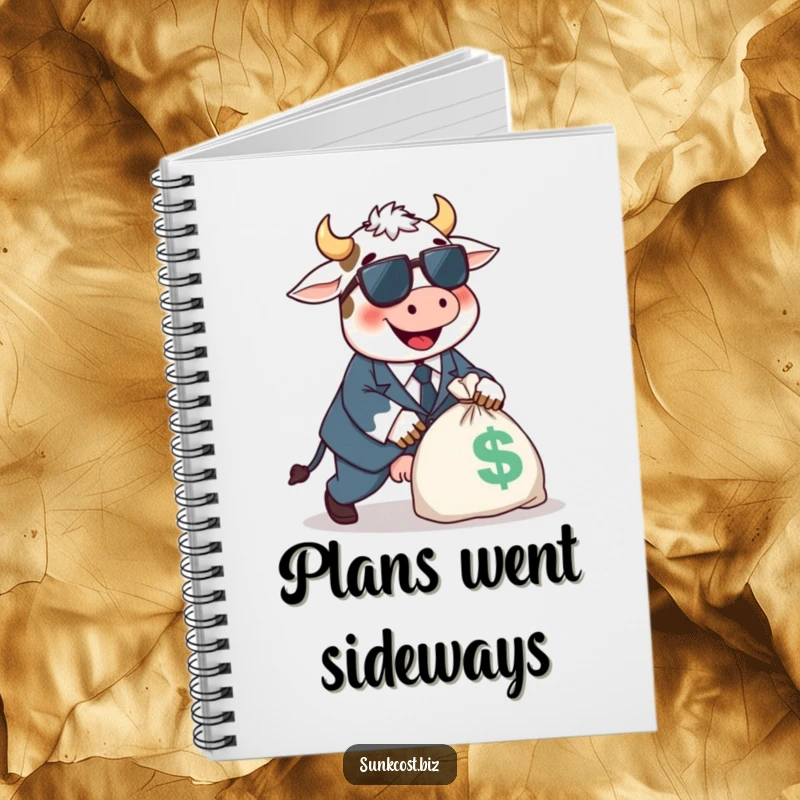 Funny happy cow in a tiny suit tripping over a money bag, perfect funny gift for notes.