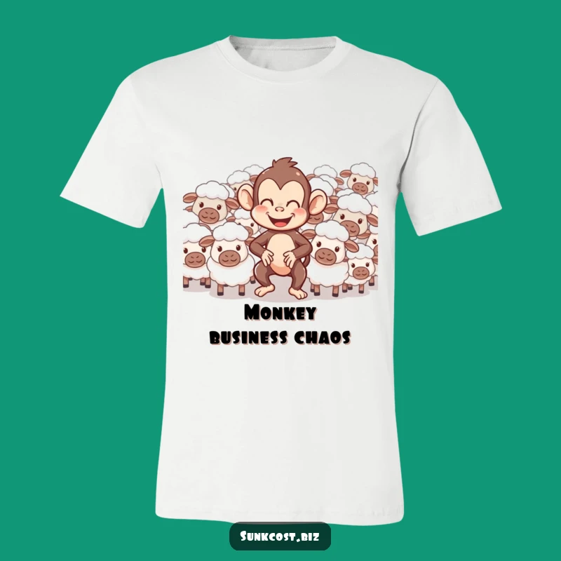 Funny Monkey Herding Sheep T-Shirt: Comical Animal Tee, Awesome Funny Gift!