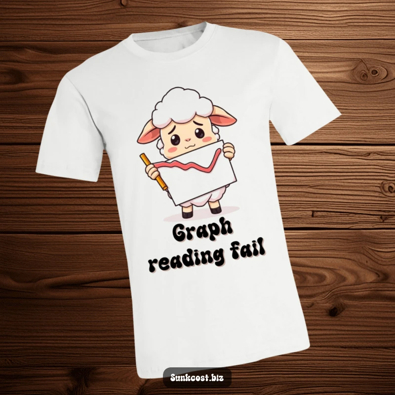 Funny confused sheep holding a declining graph upside down, ideal funny market humor gift.