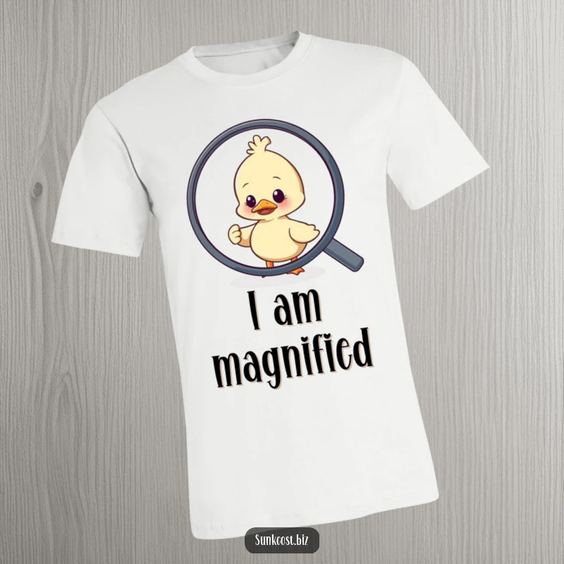 Funny nervous duck character frantically attempting to flee from an enormous magnifying glass on a humorous t-shirt.