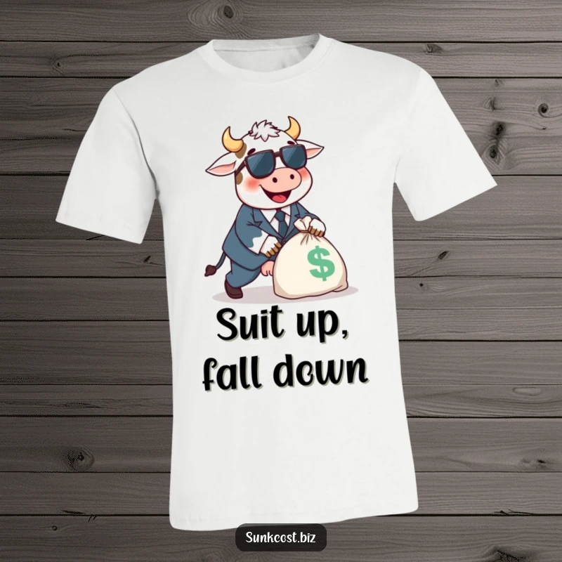 Funny happy cow in a tiny suit tripping over a money bag, perfect humorous funny gift.