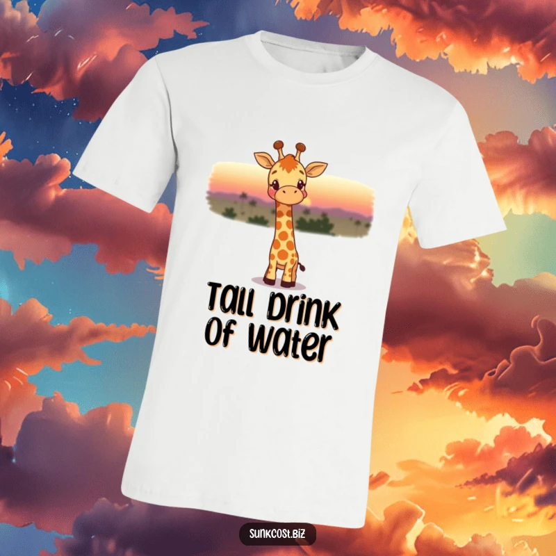 Funny t-shirt with a happy giraffe wistfully watching a fading sunset, capturing a moment of peaceful, humorous reflection.