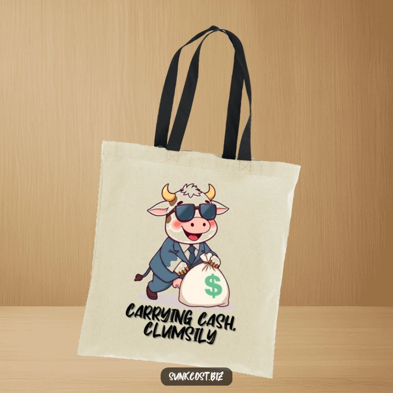Funny happy cow in a tiny suit tripping over a money bag, perfect practical funny gift.